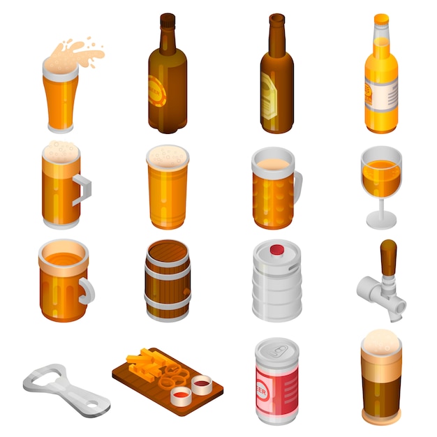 Bier trinken icon set. isometrischer satz biergetränkvektorikonen für das webdesign lokalisiert auf weißem hintergrund Premium Vektoren