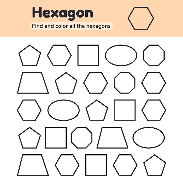 Bildungsarbeitsblatt Fur Kinder Kindergarten Vorschule Und Schulalter Geometrische Formen Pentagon Achteck Sechseck Trapez Oval Quadrat Finden Und Farben Premium Vektor