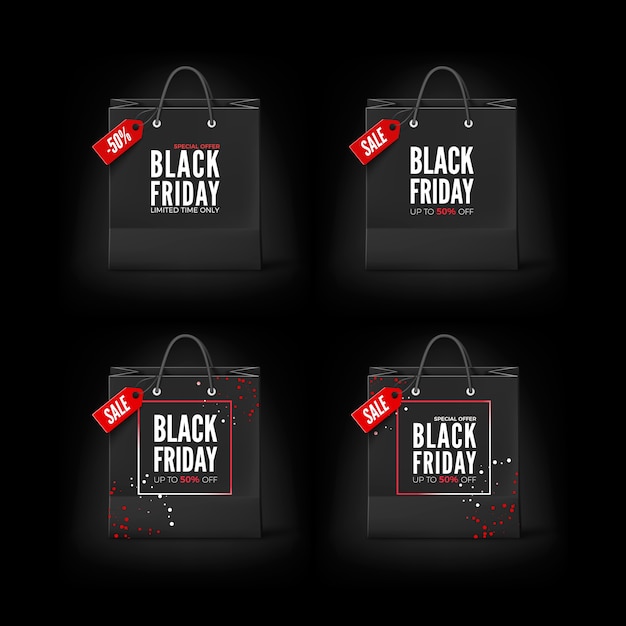 Black Friday Konzept Satz Schwarze Papiertuten Mit Sale Und Text Schwarze Freitag Banner Vorlage Isoliert Auf Schwarzem Hintergrund Premium Vektor