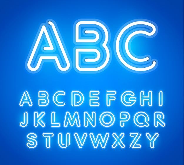 Blaue Neon Buchstaben Set Hell Leuchtende Schrift Premium Vektor