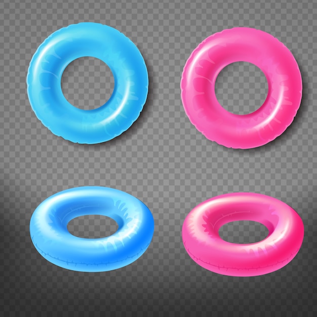 Blaue und rosa aufblasbare ringe übersteigen, realistische vektorikonen der vorderansicht 3d eingestellt lokalisiert Kostenlosen Vektoren