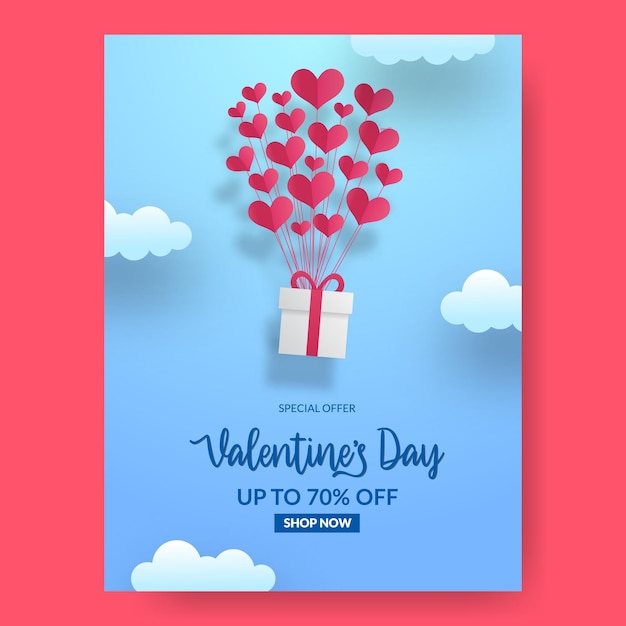 Blauer Himmel Mit Fliegendem Liebesherzballon Valentinstag Verkauf Bieten Poster Banner Premium Vektor