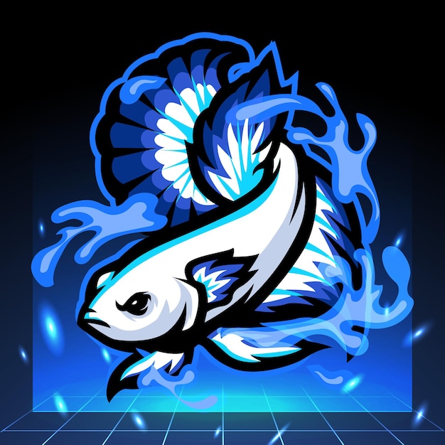 Blauer Rand Betta Fisch Maskottchen Esport Logo Design Premium Vektor