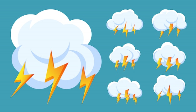 Blitz Gewitterwolke Symbole Gesetzt Zeichen Sturm Donner Und Blitze Schlagen Premium Vektor