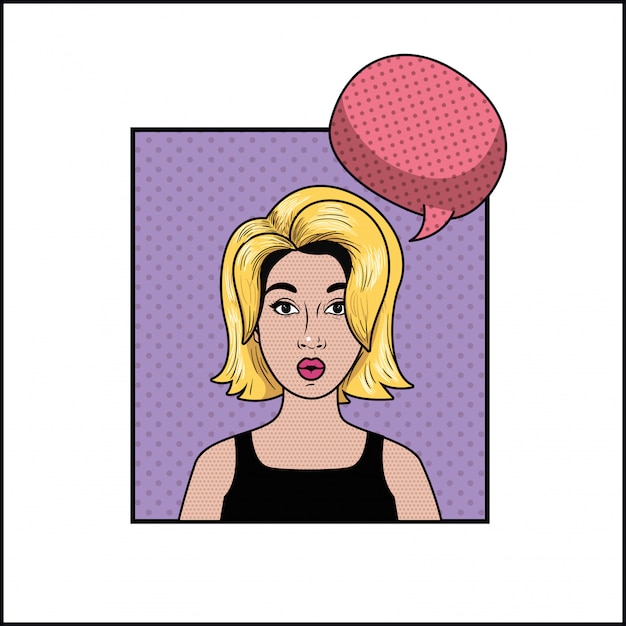Blonde frau mit sprechblasen-pop-art-stil Premium Vektoren