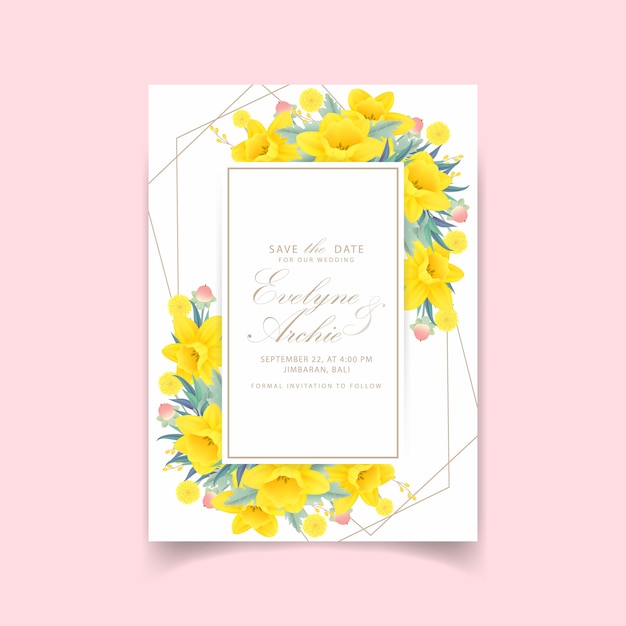 Blumenhochzeitseinladung mit narzissenblume Premium Vektoren