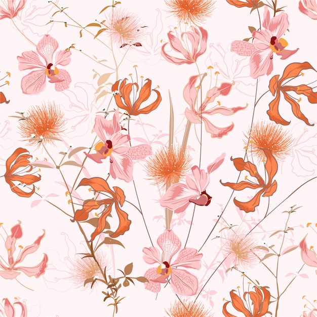 Blumenmuster in den vielen arten von blumen. botanische motive wiederholen. nahtlose textur. drucken mit in der hand gezeichnetem stil Premium Vektoren