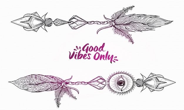 Boho-stil, hand gezeichnet illustration der ornamentalen pfeile mit text gute vibes nur. Kostenlosen Vektoren