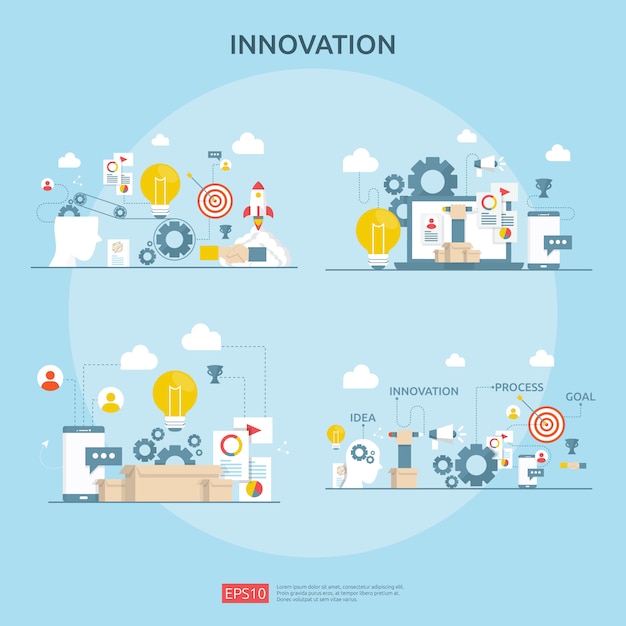 Brainstorming Des Innovationsideenprozesses Und Des Kreativen Denkkonzepts Mit Gluhbirnenlampe Fur Das Start Up Geschaftsprojekt Illustrationsset Fur Web Landingpage Banner Prasentation Social Media Print Premium Vektor