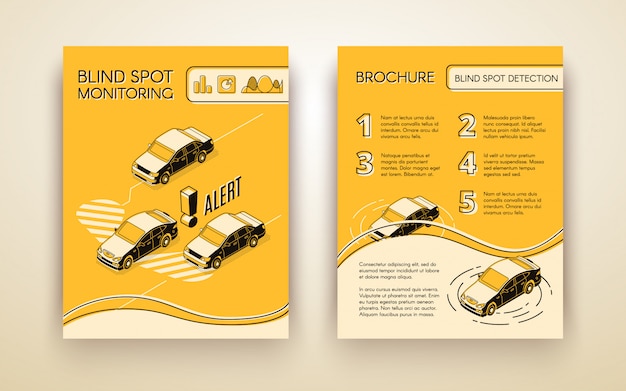 Broschüre zur unterstützung des systems zur überwachung blinder flecken oder flyer mit autos Kostenlosen Vektoren