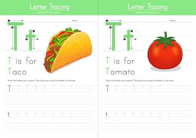 Buchstabe t, der nahrungsmittelalphabet verfolgt | Premium-Vektor