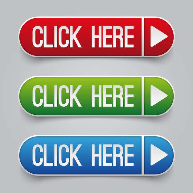 Bunte klicken sie hier die webvektorknöpfe, die eingestellt werden. web-button klicken sie hier für website-navigations-illustration Premium Vektoren