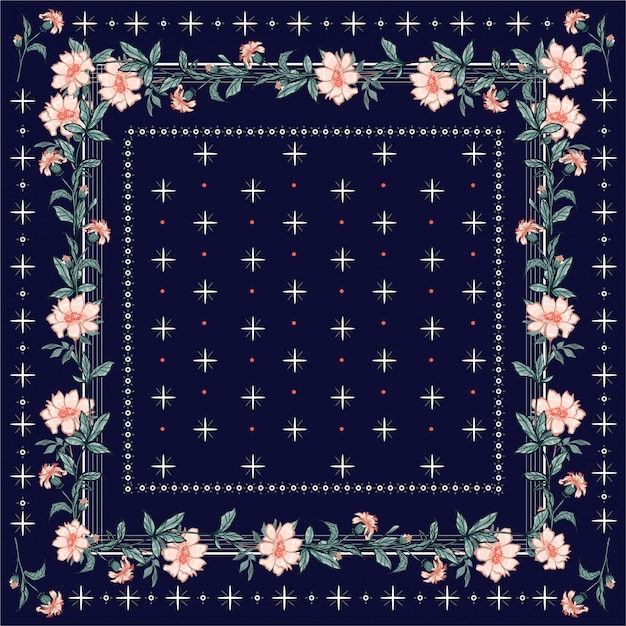 Bunter schal, schaldruck. blumenhintergrund des blühenden gartens mit linie und nahtlosem muster der geometrischen bandanaart. Premium Vektoren