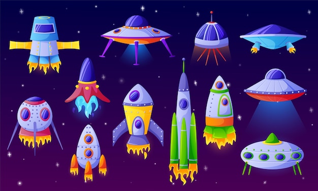 Cartoon Alien Raumschiff Fantasy Ufo Raumschiff Futuristische Raumfahre Oder Flugzeuge Lustige Raketen Premium Vektor