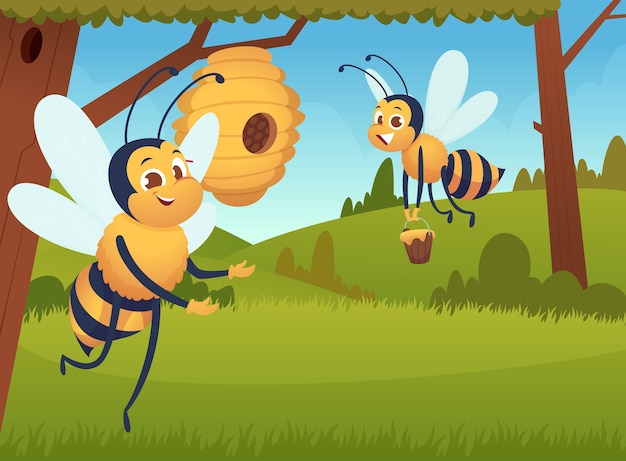 Premium Vektor Cartoon Bienenhintergrund Fliegende Blumen Gelbe Insekten Bienenstock Waben Bienenhaus Biene Zeichen Arbeiten