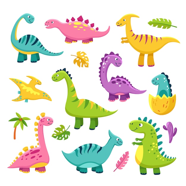 Cartoon Dinosaurier Cartoon Niedlichen Baby Dino Triceratops Prahistorische Wilde Tiere Brontosaurus Dinosaurier Lustige Charaktere Premium Vektor