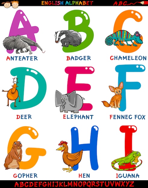 Cartoon Englisch Alphabet Mit Tieren Premium Vektor