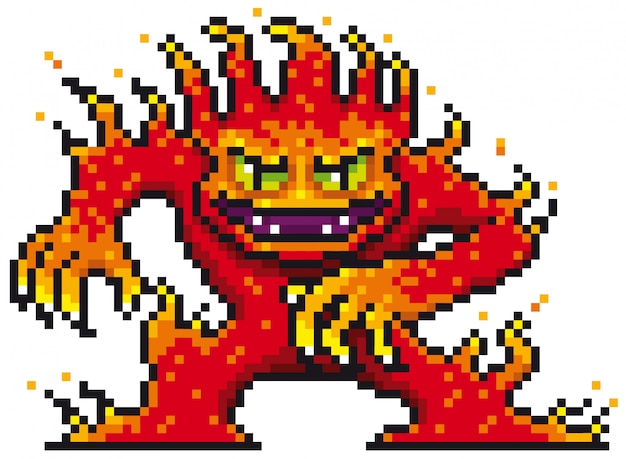 Cartoon-feuer-monster-pixel-design Premium Vektoren