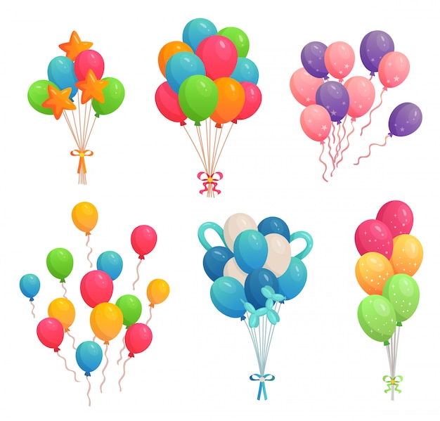 Cartoon Geburtstagsballons Bunter Luftballon Partydekoration Und Fliegende Heliumballons Auf Bandernillustrationssatz Premium Vektor