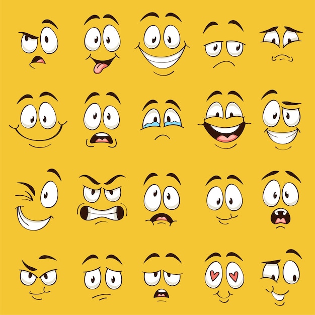 Cartoon Gesichter. Lustige Gesichtsausdrücke, Karikatur Emotionen. Netter  Charakter Mit Verschiedenen Ausdrucksstarken Augen Und Mund, Glückliche  Zunge Emoticon Sammlung | Premium-Vektor