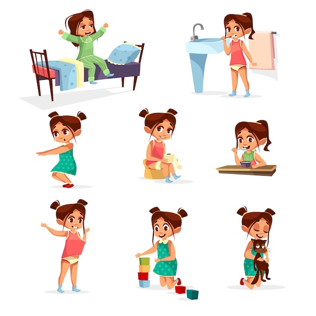Cartoon Mädchen tägliche Routine Aktivität gesetzt. Weibliche Figur aufwachen, strecken, Zähne putzen Kostenlose Vektoren Cartoon Mädchen tägliche Routine Aktivität gesetzt. Weibliche Figur aufwachen, strecken, Zähne putzen Kostenlose Vektoren