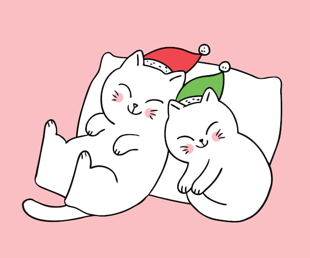 Cartoon Susse Weihnachten Paar Katzen Schlafen Premium Vektor