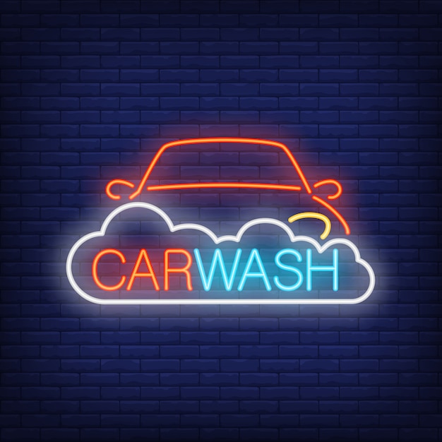 Carwash-neon-text, auto und schaum. leuchtreklame, nacht helle werbung Kostenlosen Vektoren