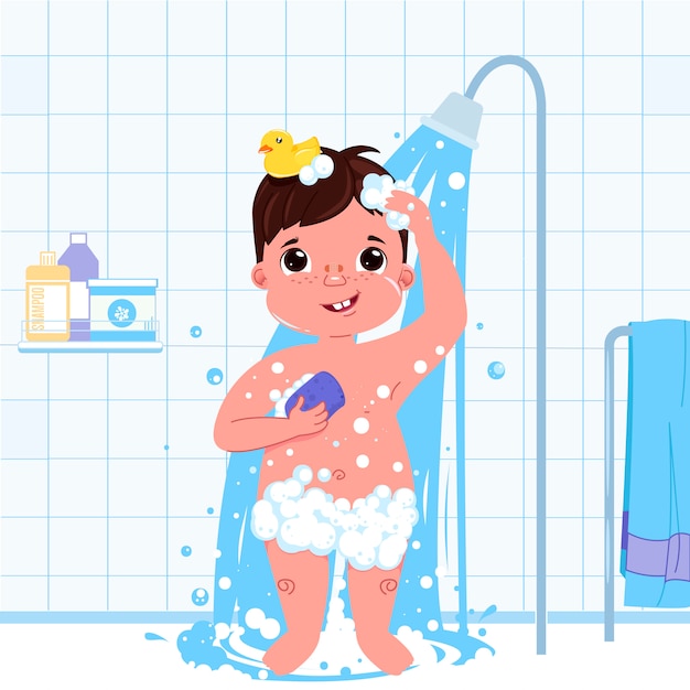 Charakter des kleinen kindes junge nehmen eine dusche tägliche routine. badezimmerinnenhintergrund. Kostenlosen Vektoren