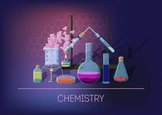 Chemiekonzept Mit Chemischer Ausrustung Und Glaswaren Laufendem Experiment Und Chemischen Reaktionen Premium Vektor