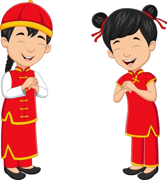 Chinesische Kinder Der Karikatur Die Kostum Des Traditionellen Chinesen Tragen Premium Vektor