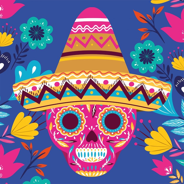 Cinco de mayo-karte mit totenkopf und hut | Premium-Vektor