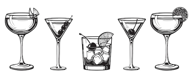 Cocktails Alkoholischer Daiquiri Altmodisch Manhattan Martini Seitenwagenglas Handgezeichnete Gravurvektorillustration Isoliertes Schwarzweiss Getrankeset Im Vintage Stil Premium Vektor