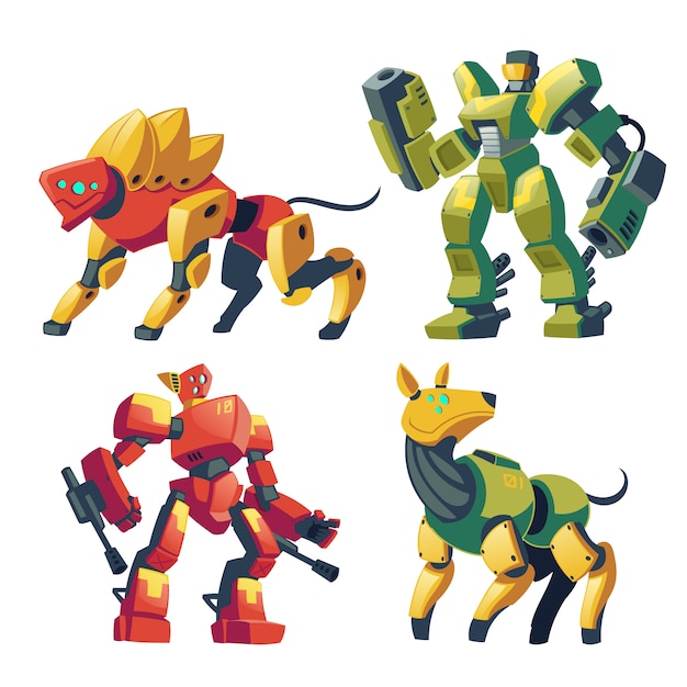 Comic-kampfroboter und mechanische hunde. bekämpfe androiden mit künstlicher intelligenz Kostenlosen Vektoren