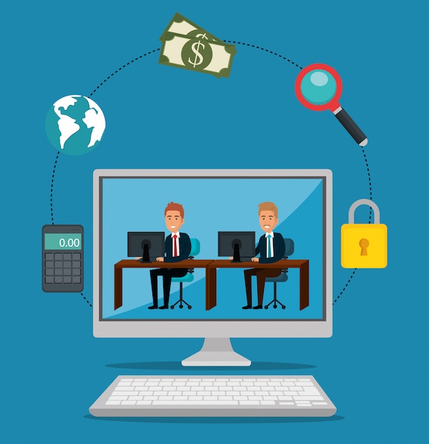 Computer geschäftsleute mit e-mail-marketing-symbole Kostenlosen Vektoren