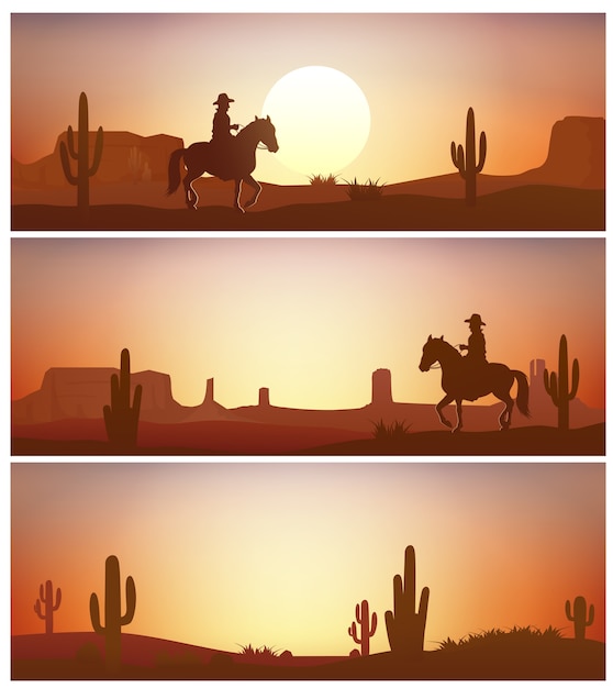 Cowboyreitpferd gegen sonnenunterganghintergrund Premium Vektoren