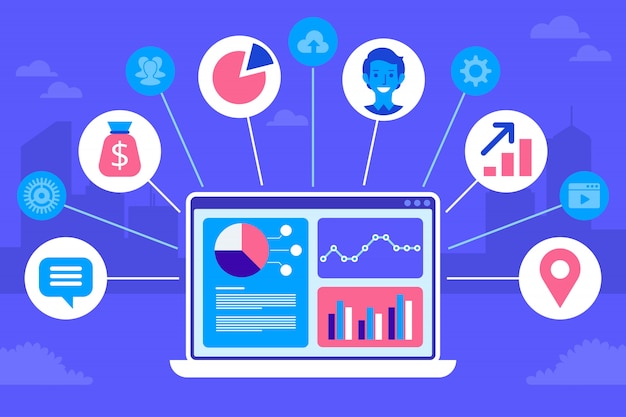 Crm-konzeption. flache ikonen des buchhaltungssystems, kunden, unterstützung, abkommen. Premium Vektoren