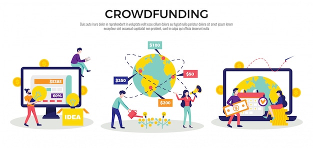 Crowdfunding Geld Das Internationale Internet Plattformen Fur Flache Horizontale Zusammensetzungsillustration Der Unternehmensgrundungs Nachstenliebe Ideen 3 Anhebt Kostenlose Vektor