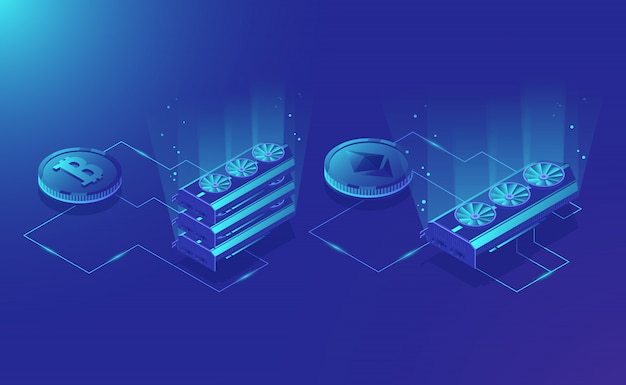 Cryptocurrency bergbauausrüstung, isometrischer ethereum digitaler währungsextrakt Kostenlosen Vektoren