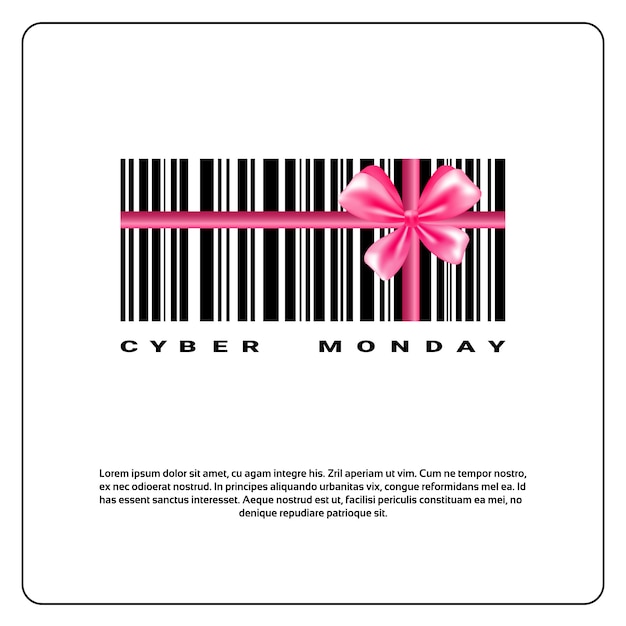 Cyber-montag-hintergrund mit strichkode und rosa bogen-verkaufs-fahnen-design Premium Vektoren