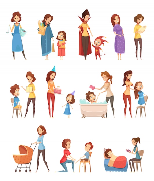 Das kindaufzuchteinkaufen der mutterschaft, das gehendes ablesen zu den retro- karikaturikonen der kinder 3 spielt, stellte fahnen ein, lokalisierte vektorillustration Kostenlosen Vektoren