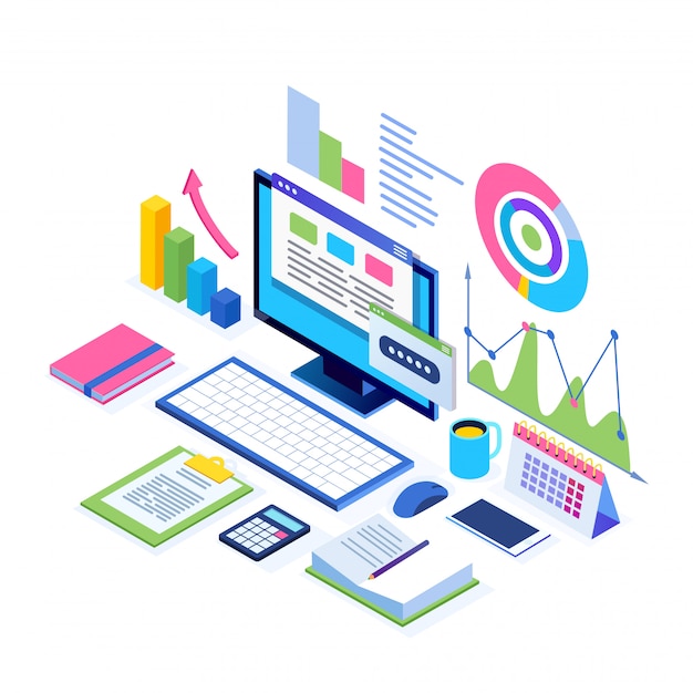 Datenanalyse. Digitale Finanzberichterstattung, Seo, Marketing.  Geschäftsführung, Entwicklung. Isometrischer Laptop, Computer, Pc Mit  Grafik, Diagramm, Statistik. Für Die Website | Premium-Vektor