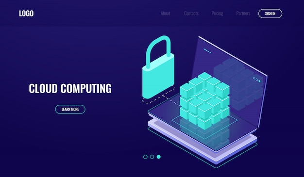 Datenbankzugriff, sicherer datenschutz, datensicherheit, serverraum, cloud computing Kostenlosen Vektoren
