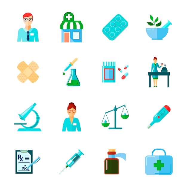 Der apotheker lokalisierte die ikonenebene, die mit drogen und methoden des gebrauchs der verschiedenen medizinischen instrumente eingestellt wurde, vector illustration Kostenlosen Vektoren