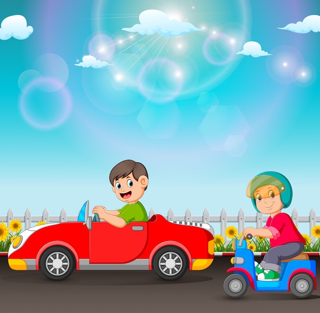 Der junge fährt das auto und der eine fährt den roller Premium Vektoren