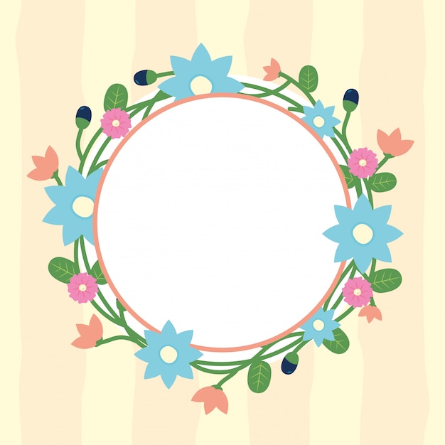 Der runde rahmen blüht mit blumen mit leerem kreis, um blaue blumenillustration des textes einzufügen Kostenlosen Vektoren