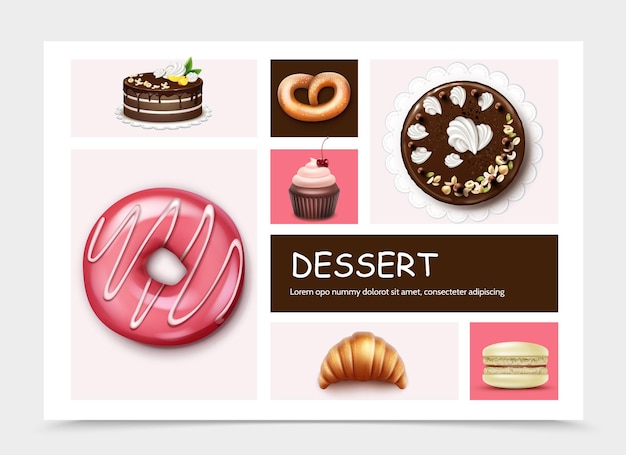 Dessert Und Kuchen Infografik Vorlage Mit Kuchen Donut Cupcake Makronen Croissant Brezel In Realistischen Stil Illustration Kostenlose Vektor