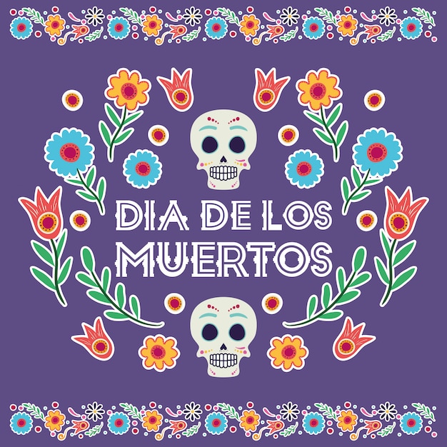 Dia de los muertos karte mit totenkopf masken und blumen | Premium-Vektor