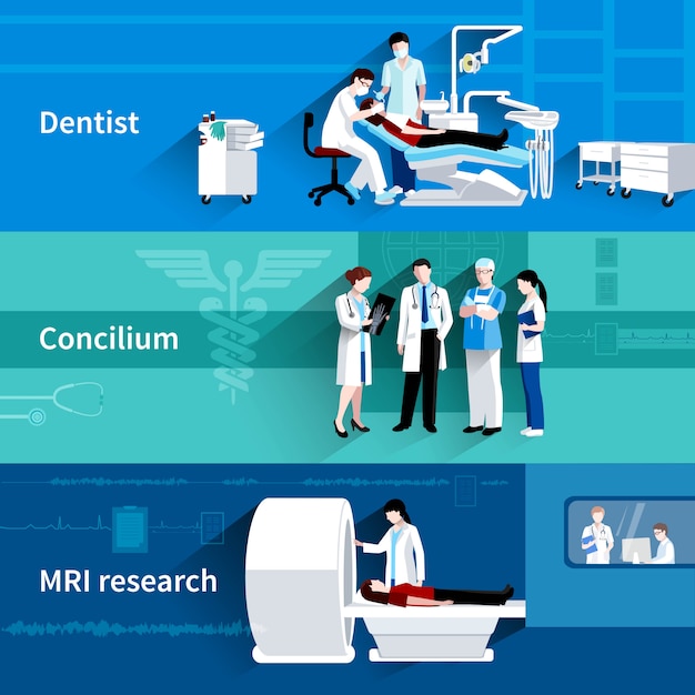 Die horizontalen fahnen des professionellen conciliums 3 der medizinischen behandlung, die mit zahnarzt und mri eingestellt wurden, scannen zusammenfassung lokalisierte vektorillustration Kostenlosen Vektoren