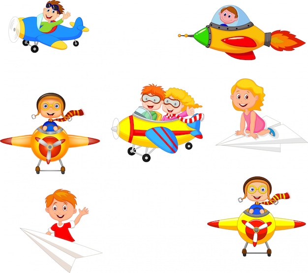 Die karikaturkinder, die flugzeug spielen, spielt sammlungssatz Premium Vektoren