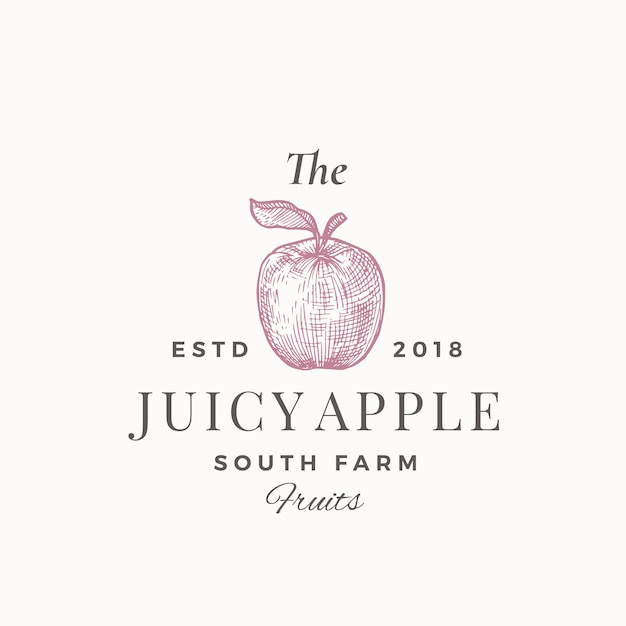 Die Saftigen Apple South Farm Fruchte Abstrakte Zeichen Symbol Oder Logo Vorlage Apfel Mit Blatt Sillhouette Skizze Mit Eleganter Retro Typografie Vintage Luxus Emblem Premium Vektor